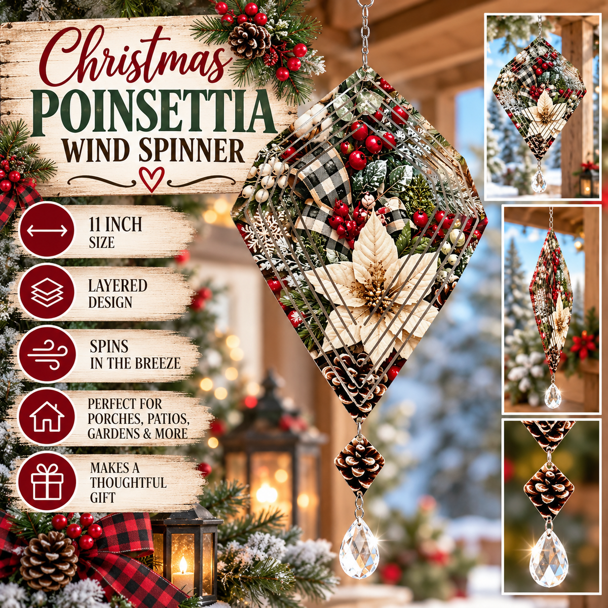 Rustic Christmas Poinsettia Wind Spinner with Crystal | Holiday Décor