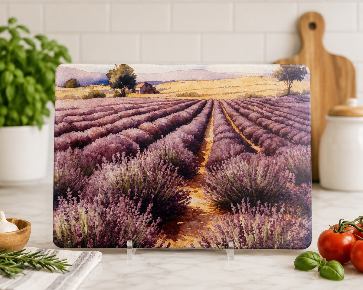Lavender Fields Glass Cutting Board – Rustic Farmhouse Kitchen Decor