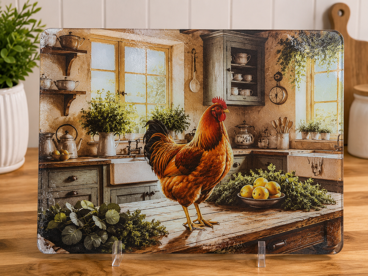 Farmhouse Rooster Large Glass Cutting Board