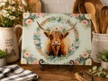 🌸 Floral Highland Cow Glass Cutting Board