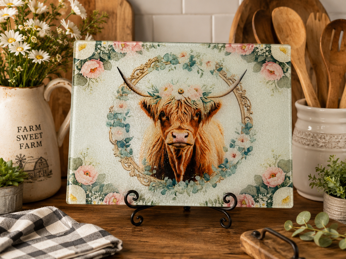 🌸 Floral Highland Cow Glass Cutting Board