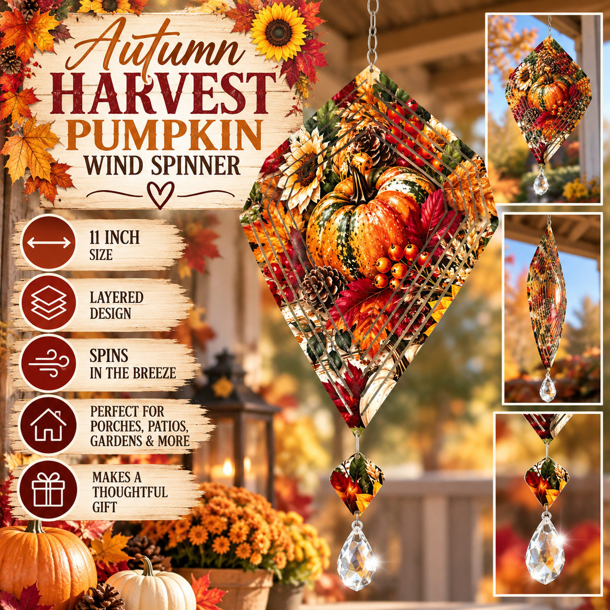 Autumn Harvest Pumpkin Wind Spinner with Crystal | Fall Farmhouse Décor