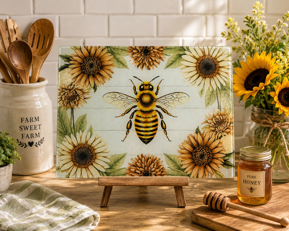 Bee & Sunflower Farmhouse Glass Cutting Board