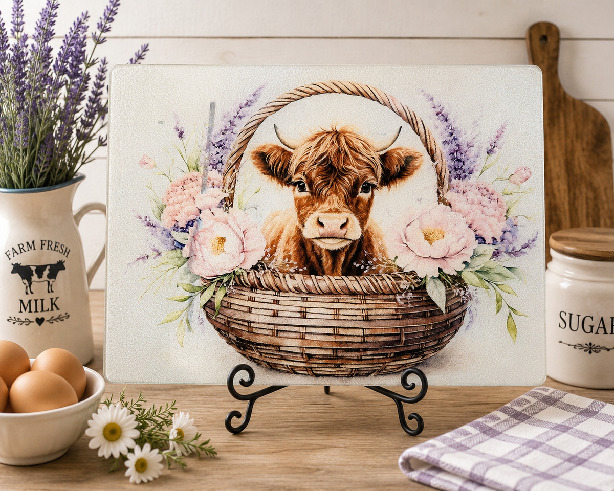 Floral Highland Cow Basket – Glass Cutting Board