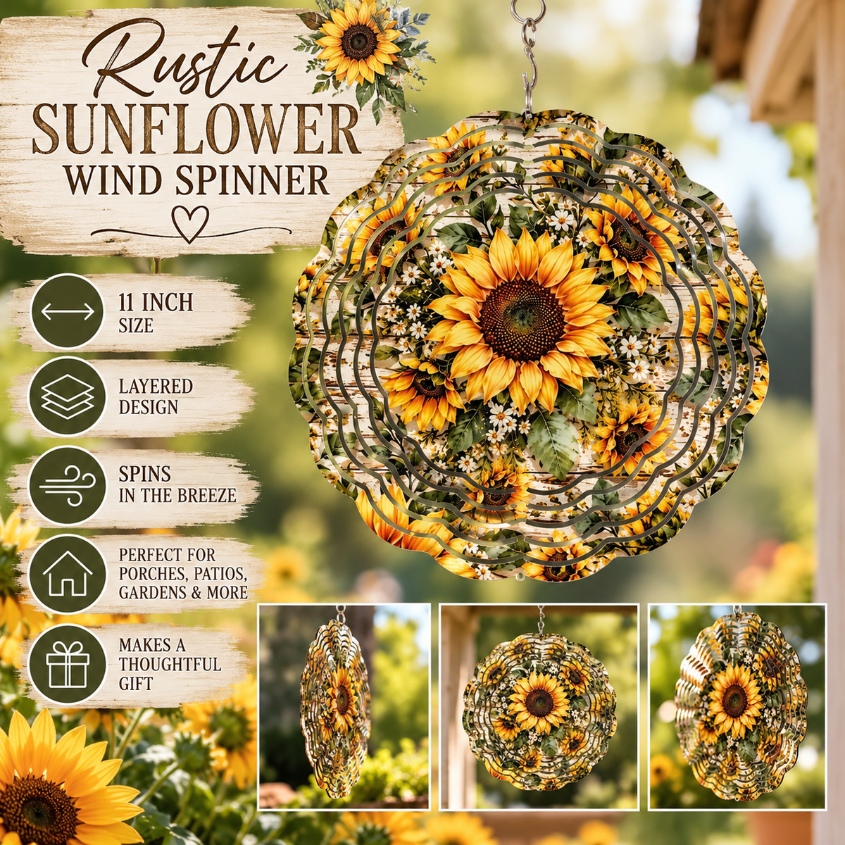 Rustic Sunflower 11” Metal Wind Spinner | Farmhouse Outdoor Décor