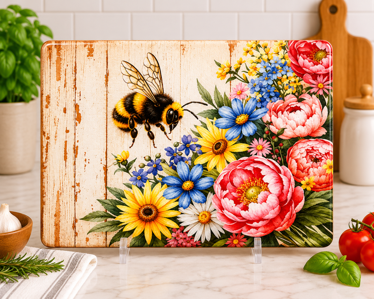Rustic Bee & Wildflower Glass Cutting Board