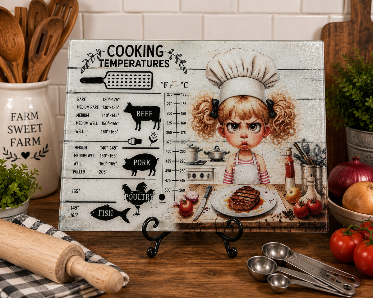 👩‍🍳 Vintage Kitchen Cooking Temperatures Glass Cutting Board