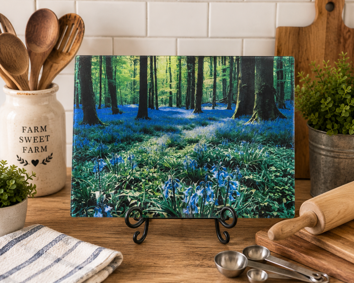 Enchanted Bluebell Forest Glass Cutting Board