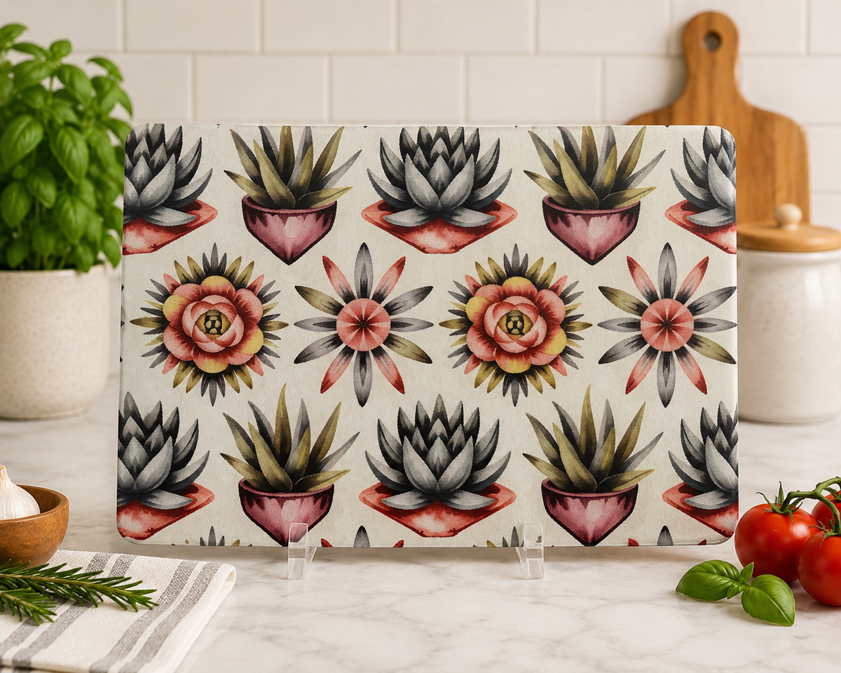 Boho Succulent Pattern Glass Cutting Board